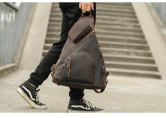 Vintage Large Brown Leather Men's Sling Bag Chest Bag One Shoulder Backpack For Men - imessengerbags