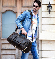 Large Retro Leather Men Barrel Overnight Bags Travel Bags Weekender Bags For Men