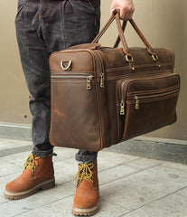 Vintage Large Leather Men's Overnight Bag Brown Travel Bag Weekender Bag For Men