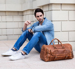 Cool Brown Leather Men's Overnight Bag Travel Bag Luggage Weekender Bag For Men - imessengerbags