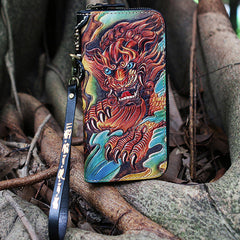 Leather Chinese Lion Tooled Mens Handmade Long Wallet Cool Leather Wallet Clutch Wallet for Men