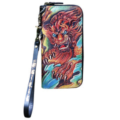 Leather Chinese Lion Tooled Mens Handmade Long Wallet Cool Leather Wallet Clutch Wallet for Men