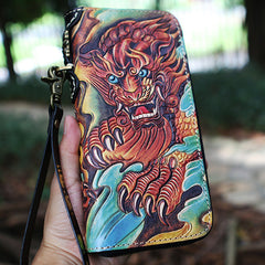 Leather Chinese Lion Tooled Mens Handmade Long Wallet Cool Leather Wallet Clutch Wallet for Men