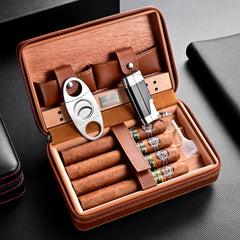 Black Leather Cigar Box, Travel Leather Cigar Case, Leather Cigar Humidor, Cigar Cutter and Humidifier