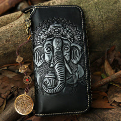 Black Leather Ganesha Tooled Biker Wallet Cool Handmade Leather Chain Wallet for Men