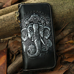 Leather Ganesha Tooled Biker Wallet Cool Handmade Leather Chain Wallet for Men