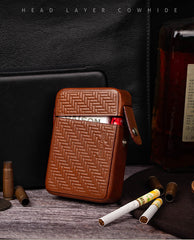 Classic Leather Mens 20pcs Cigarette Case With Ligher Holder Brown Stamped Cigarette Case for Men