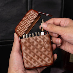 Classic Leather Mens 20pcs Cigarette Case With Ligher Holder Brown Stamped Cigarette Case for Men