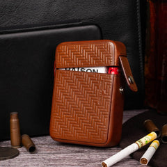 Classic Leather Mens 20pcs Cigarette Case With Ligher Holder Brown Stamped Cigarette Case for Men