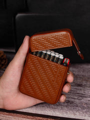 Classic Leather Mens 20pcs Cigarette Case With Ligher Holder Brown Stamped Cigarette Case for Men