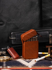Classic Brown Leather Mens 20pcs Cigarette Holder Case Stamped Cigarette Case for Men