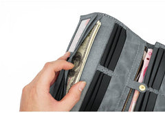 Mens Leather Trifold Long Wallet Handmade Lots Cards Checkbook Long Wallet for Men