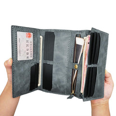 Mens Leather Trifold Long Wallet Handmade Lots Cards Checkbook Long Wallet for Men