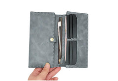 Mens Leather Trifold Long Wallet Handmade Lots Cards Checkbook Long Wallet for Men