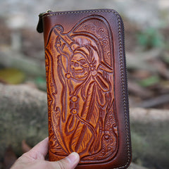 Leather Skull Tooled Mens Handmade Long Wallet Cool Death Zip Leather Wallet Clutch Wallet for Men