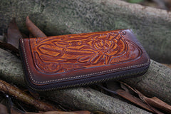 Leather Skull Tooled Mens Handmade Long Wallet Cool Death Zip Leather Wallet Clutch Wallet for Men