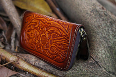 Leather Skull Tooled Mens Handmade Long Wallets Cool Death Zip Leather Wallet Clutch Wallet for Men