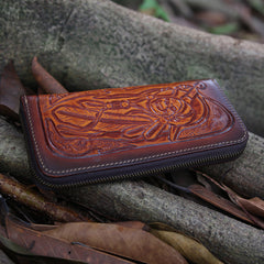 Leather Skull Tooled Mens Handmade Long Wallets Cool Death Zip Leather Wallet Clutch Wallet for Men