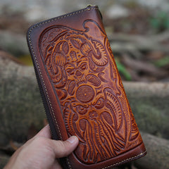 Leather Skull Tooled Mens Handmade Long Wallet Cool Death Zip Leather Wallet Clutch Wallet for Men