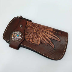 Brown Leather Tooled Indian Chief Mens Biker Chain Wallet Handmade Leather Biker Wallet for Men