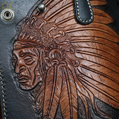 Leather Tooled Indian Chief Mens Biker Chain Wallet Handmade Leather Biker Wallet for Men