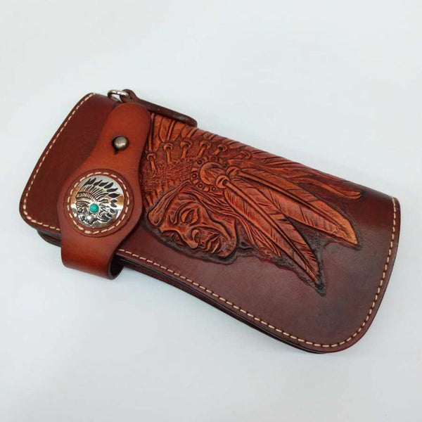 Brown Leather Tooled Indian Chief Mens Biker Chain Wallet Handmade Leather Biker Wallet for Men