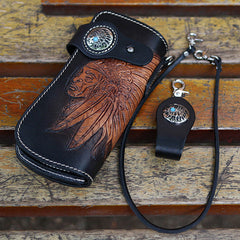 Coffee Leather Tooled Indian Chief Mens Biker Chain Wallet Handmade Leather Biker Wallet for Men