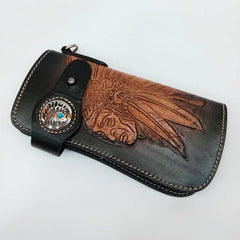 Leather Tooled Indian Chief Mens Biker Chain Wallet Handmade Leather Biker Wallet for Men