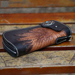 Brown Leather Tooled Indian Chief Mens Biker Chain Wallet Handmade Leather Biker Wallet for Men