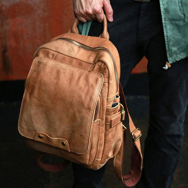 Leather Camel Mens Backpack Cool Travel Backpacks Laptop Backpack for men - imessengerbags