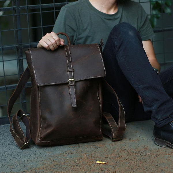 Leather Coffee Mens Backpack Cool Travel Backpacks Laptop Backpack for men - imessengerbags
