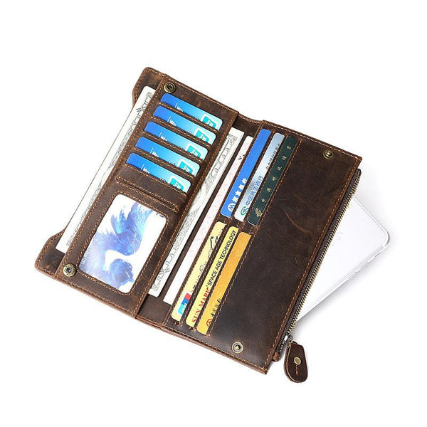 Leather Long wallets for Men Wallet Vintage Zipper Credit Cards Wallet for Men Bifold - imessengerbags