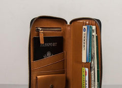 Leather Men Zipper Travel Wallet Passport Wallet Bifold Long Wallets for Men - imessengerbags