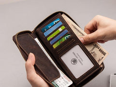 Leather Men Zipper Travel Wallet Passport Wallet Bifold Long Wallets for Men - imessengerbags