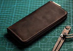 Leather Men Zipper Travel Wallet Passport Wallet Bifold Long Wallets for Men - imessengerbags