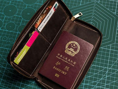 Leather Men Zipper Travel Wallet Passport Wallet Bifold Long Wallets for Men - imessengerbags