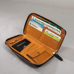 Leather Men Zipper Travel Wallet Passport Wallet Bifold Long Wallets for Men - imessengerbags