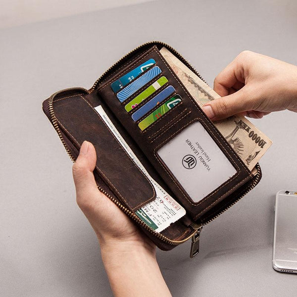 Leather Men Zipper Travel Wallet Passport Wallet Bifold Long Wallets for Men - imessengerbags