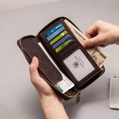 Leather Men Zipper Travel Wallet Passport Wallet Bifold Long Wallets for Men - imessengerbags