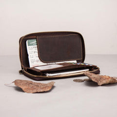 Leather Men Zipper Travel Wallet Passport Wallet Bifold Long Wallets for Men - imessengerbags