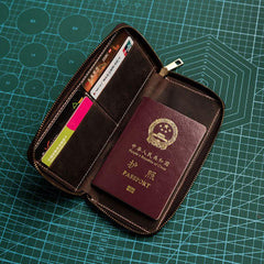 Leather Men Zipper Travel Wallet Passport Wallet Bifold Long Wallets for Men - imessengerbags