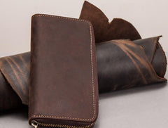 Leather Men Zipper Travel Wallet Passport Wallet Bifold Long Wallets for Men - imessengerbags