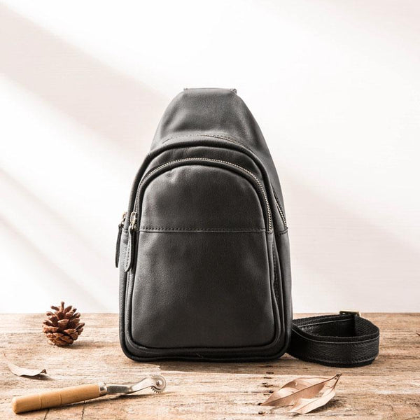 Leather Mens Black Sling Bag Sling Shoulder Bag Sling Backpack for men - imessengerbags