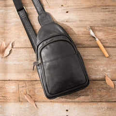 Leather Mens Black Sling Bag Sling Shoulder Bag Sling Backpack for men - imessengerbags