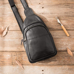 Leather Mens Black Sling Bag Sling Shoulder Bag Sling Backpack for men