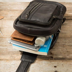 Leather Mens Black Sling Bag Sling Shoulder Bag Sling Backpack for men