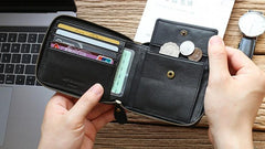 Leather Mens Black Zipper Small Wallet Front Pocket Wallet Small Wallet for Men - imessengerbags