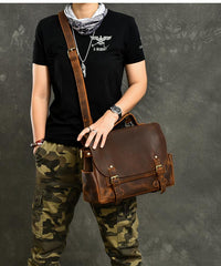 Leather Mens Brown Briefcase 12'' Laptop Briefcase Crossbody Side Bag Shoulder Bag For Men - imessengerbags