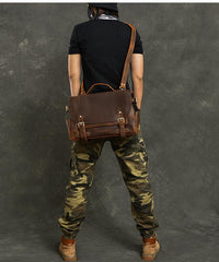 Leather Mens Brown Briefcase 12'' Laptop Briefcase Crossbody Side Bag Shoulder Bag For Men - imessengerbags