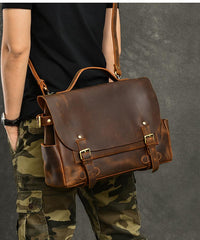 Leather Mens Brown Briefcase 12'' Laptop Briefcase Crossbody Side Bag Shoulder Bag For Men - imessengerbags